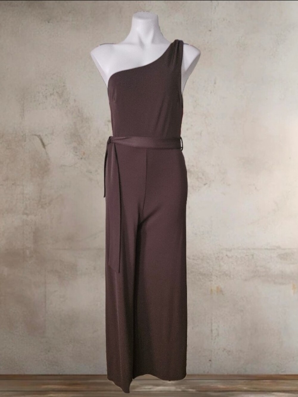 MNG/ One-Shoulder Brown Jumpsuit with Waist Tie Medium